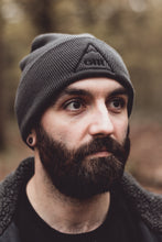 Bearded Model wearing Grey Beanie with triangle logo and OH! embroidered in the centre