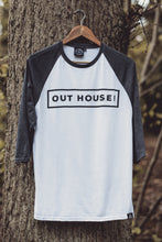 White Raglan with contrast Dark heather grey sleeves. OUT HOUSE! logo vinyl printed across chest and triangle logo hem label stitched bottom left hem